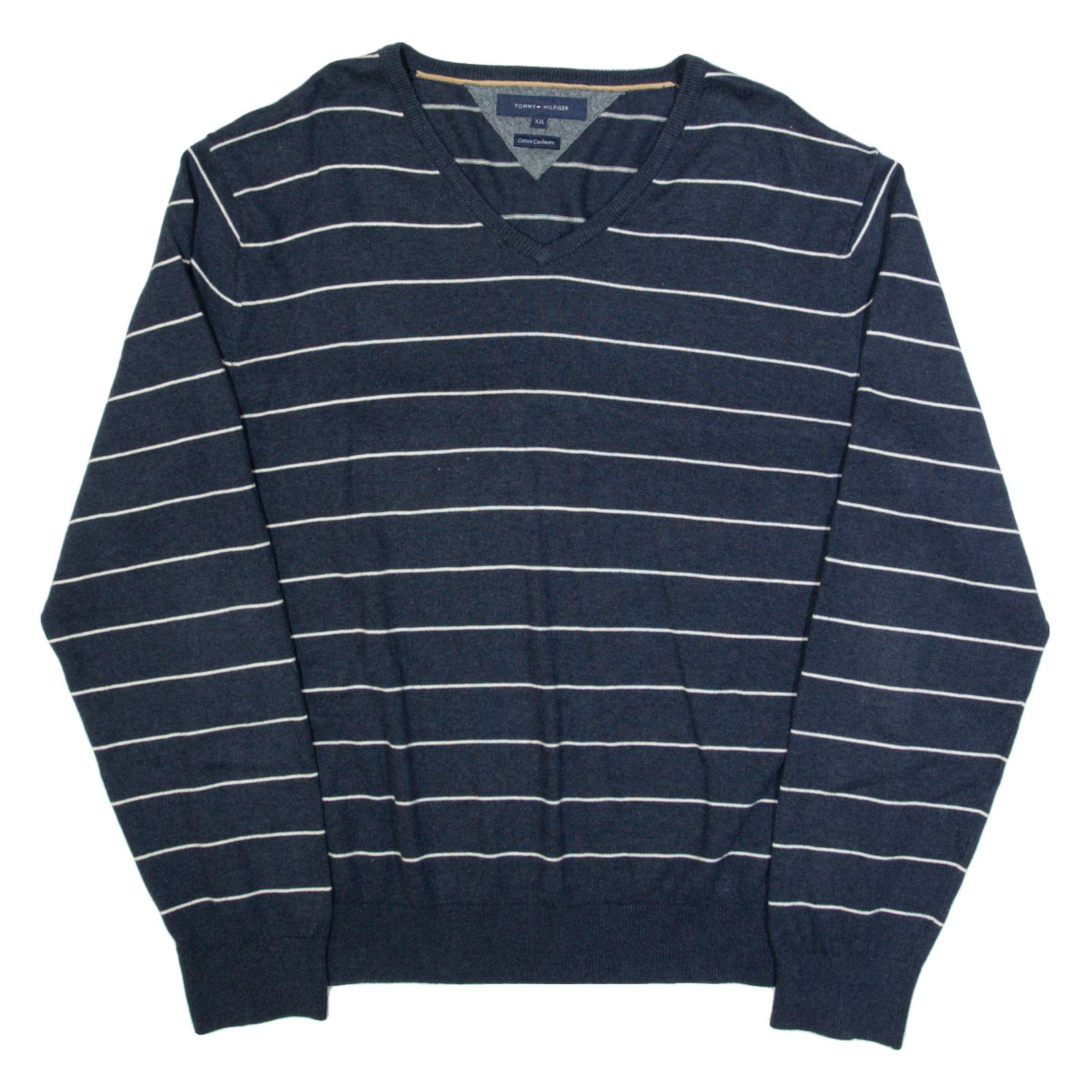 TOMMY HILFIGER Mens Patterned Jumper Blue Striped Tight Knit 2XL