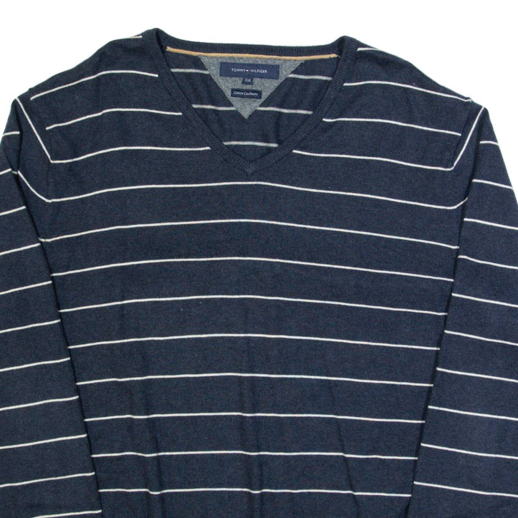 TOMMY HILFIGER Mens Patterned Jumper Blue Striped Tight Knit 2XL