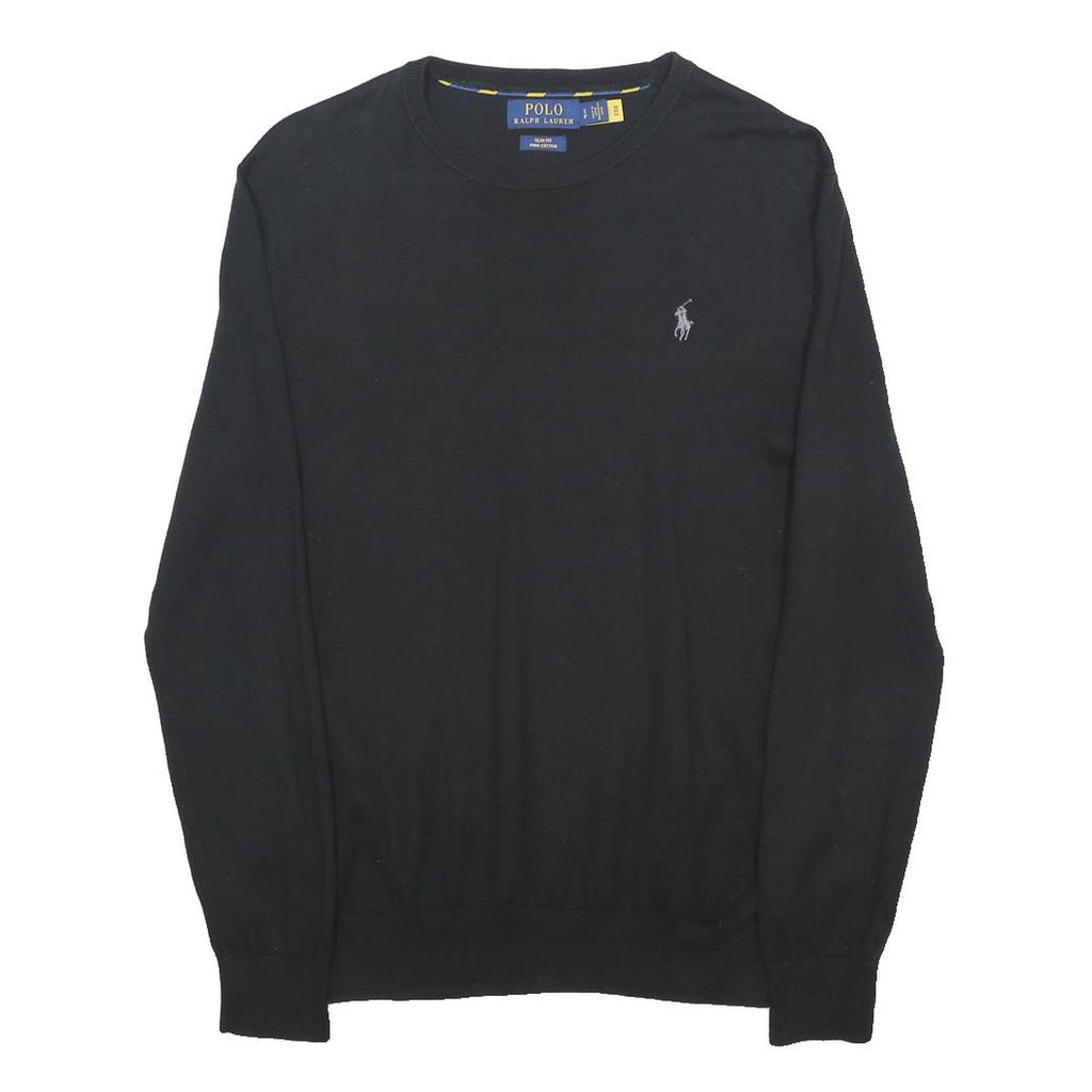POLO RALPH LAUREN Mens Black Plain Crew Neck Basic Knit S Cotton Jumper