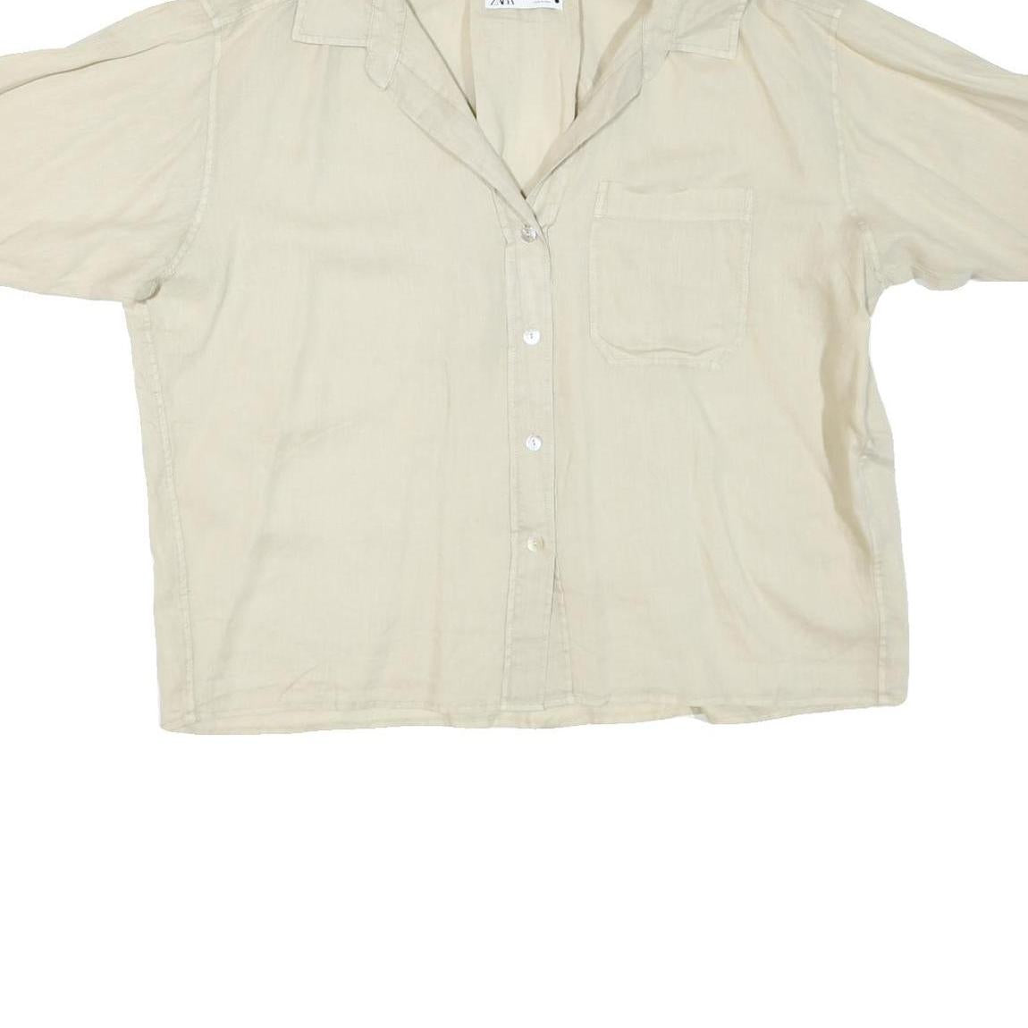 ZARA Womens Cream Basic Shirt Short Sleeve Button Neck S Cotton Blend Top