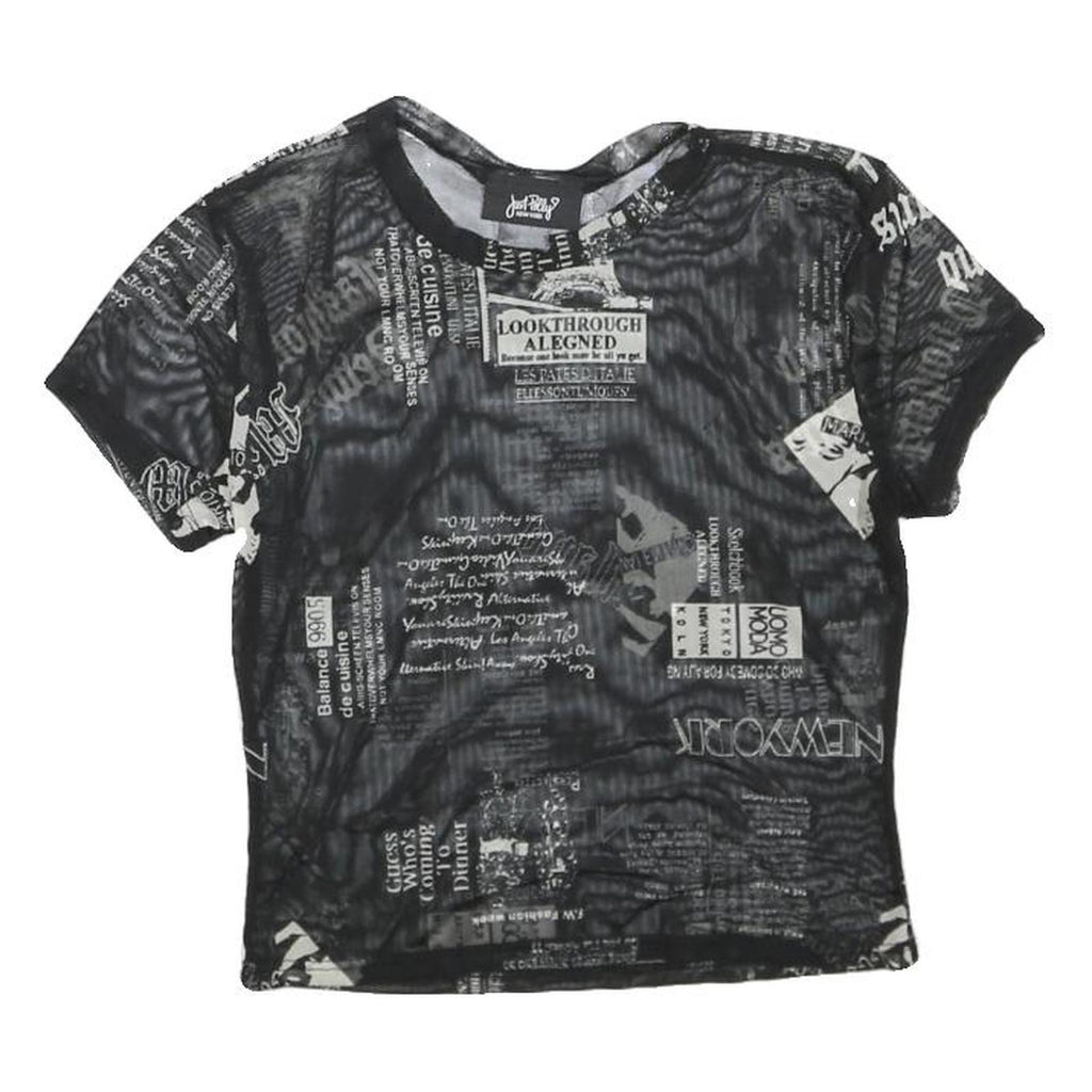 JUSTPOLLY Womens Black Printed Mesh Short Sleeve Round Neck Top M Trendy
