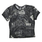 JUSTPOLLY Womens Black Printed Mesh Short Sleeve Round Neck Top M Trendy