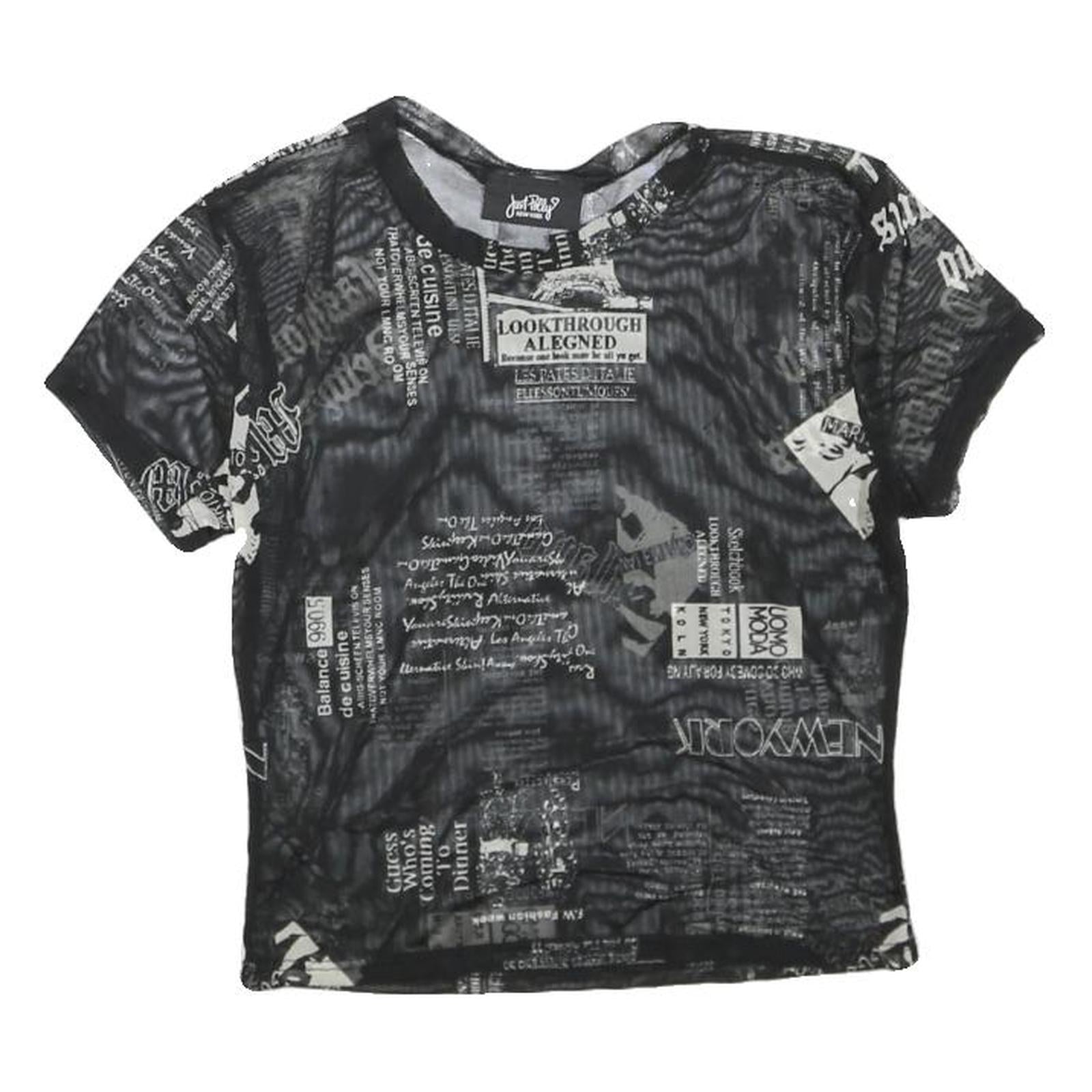 JUSTPOLLY Womens Black Printed Mesh Short Sleeve Round Neck Top M Trendy