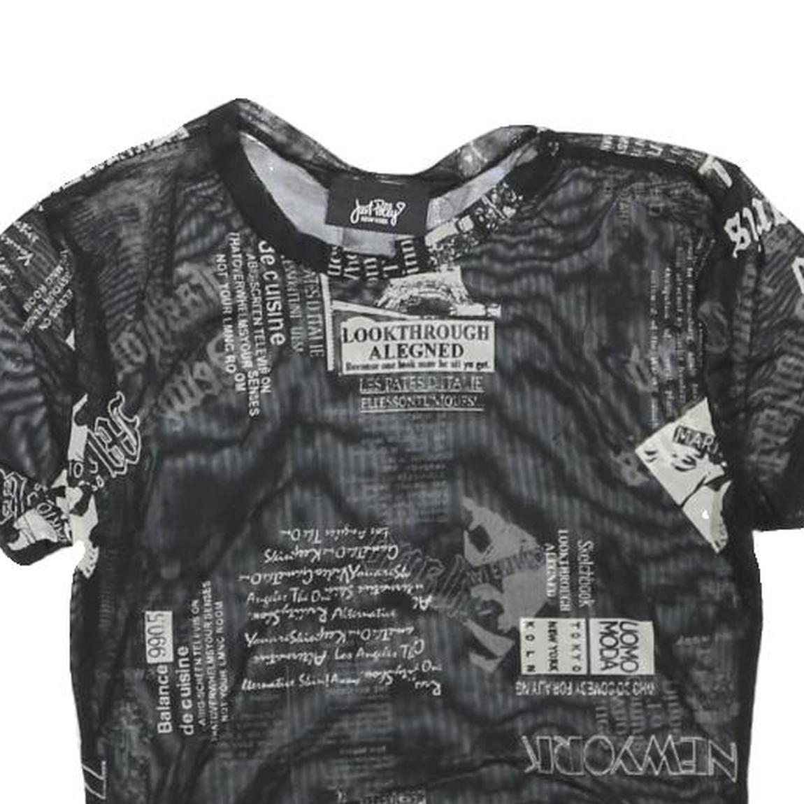 JUSTPOLLY Womens Black Printed Mesh Short Sleeve Round Neck Top M Trendy