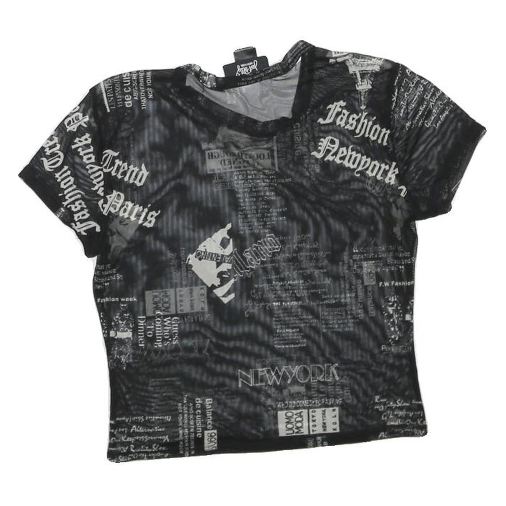 JUSTPOLLY Womens Black Printed Mesh Short Sleeve Round Neck Top M Trendy
