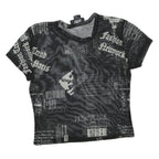 JUSTPOLLY Womens Black Printed Mesh Short Sleeve Round Neck Top M Trendy