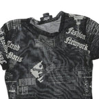 JUSTPOLLY Womens Black Printed Mesh Short Sleeve Round Neck Top M Trendy