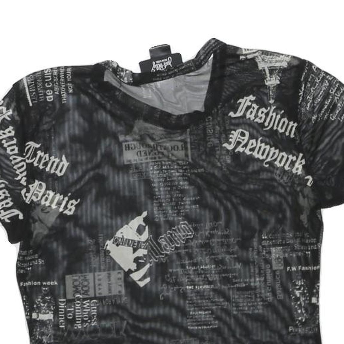 JUSTPOLLY Womens Black Printed Mesh Short Sleeve Round Neck Top M Trendy