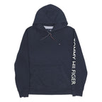 TOMMY HILFIGER Mens Navy Blue Pullover Hoodie L Branded Sleeve Print Casual