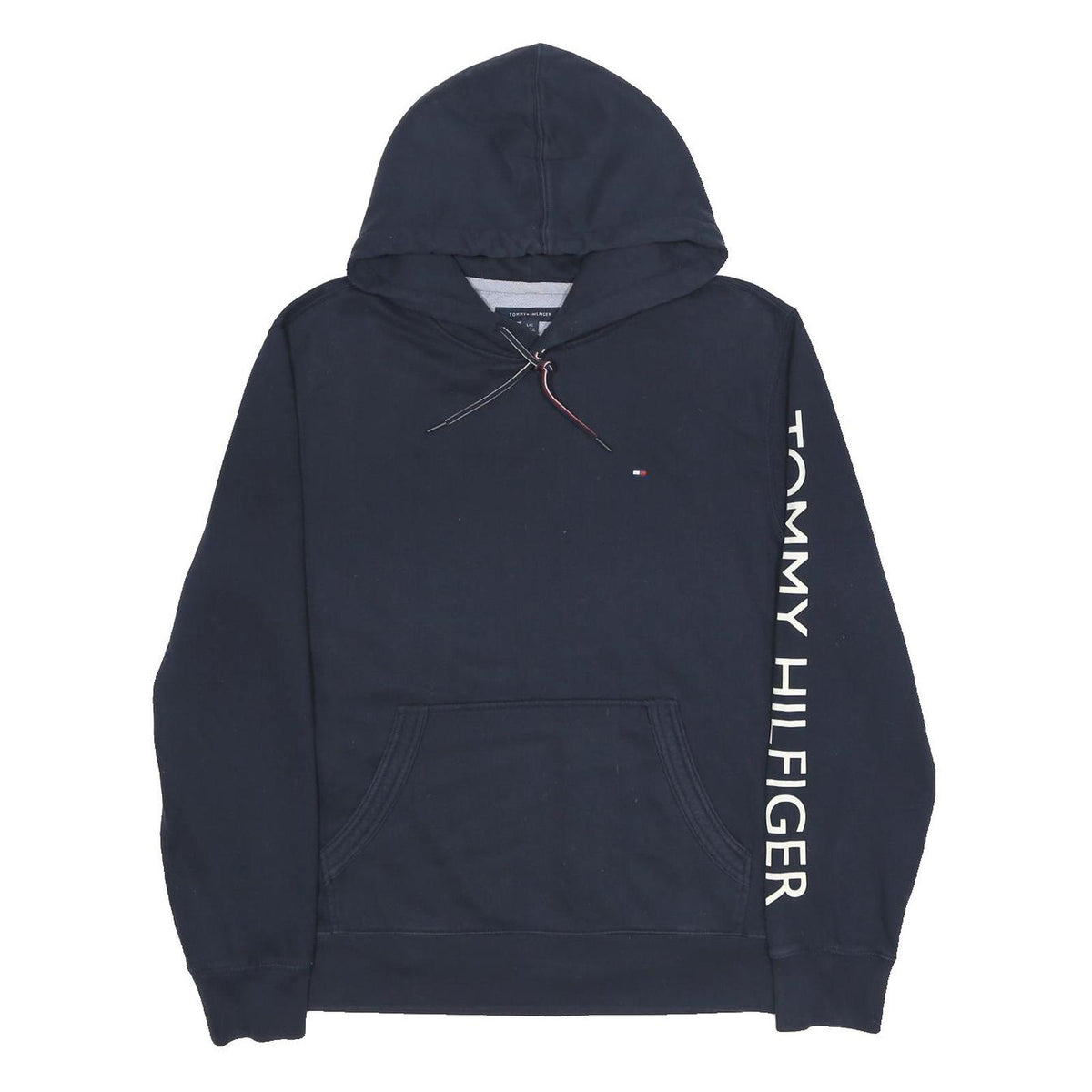 TOMMY HILFIGER Mens Navy Blue Pullover Hoodie L Branded Sleeve Print Casual