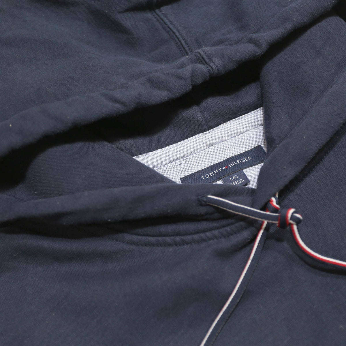 TOMMY HILFIGER Mens Navy Blue Pullover Hoodie L Branded Sleeve Print Casual