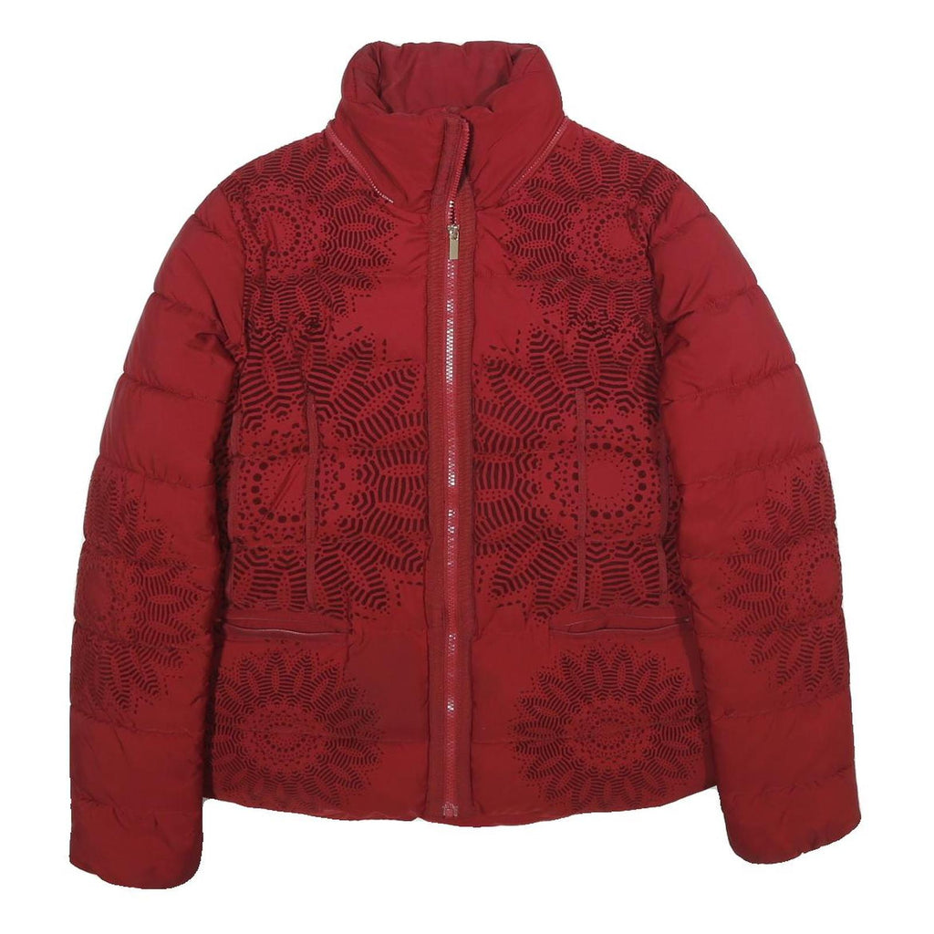 DESIGUAL Womens Red Bomber Jacket UK 16 Polyester Zip Plain Floral Print