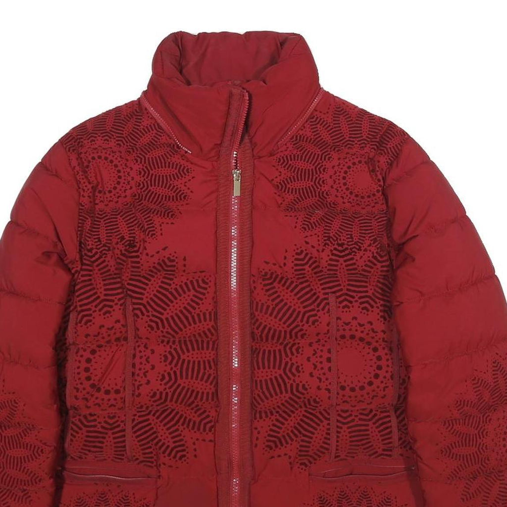 DESIGUAL Womens Red Bomber Jacket UK 16 Polyester Zip Plain Floral Print