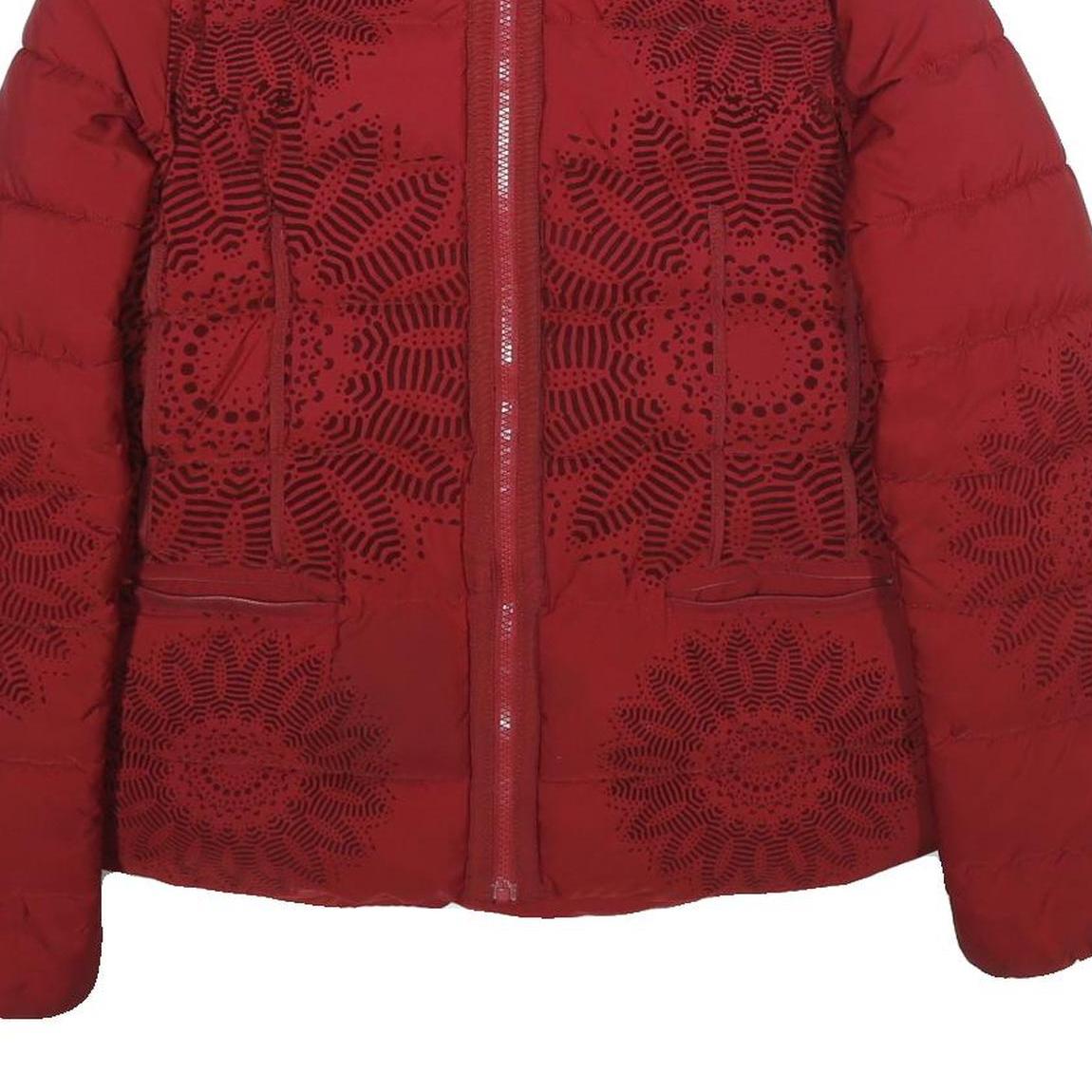 DESIGUAL Womens Red Bomber Jacket UK 16 Polyester Zip Plain Floral Print