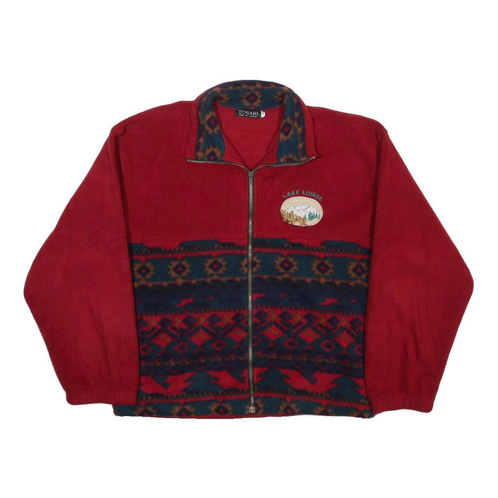 TOSANI Mens Red & Navy Fleece Jacket S Polyester Full Zip Tribal Pattern Casual