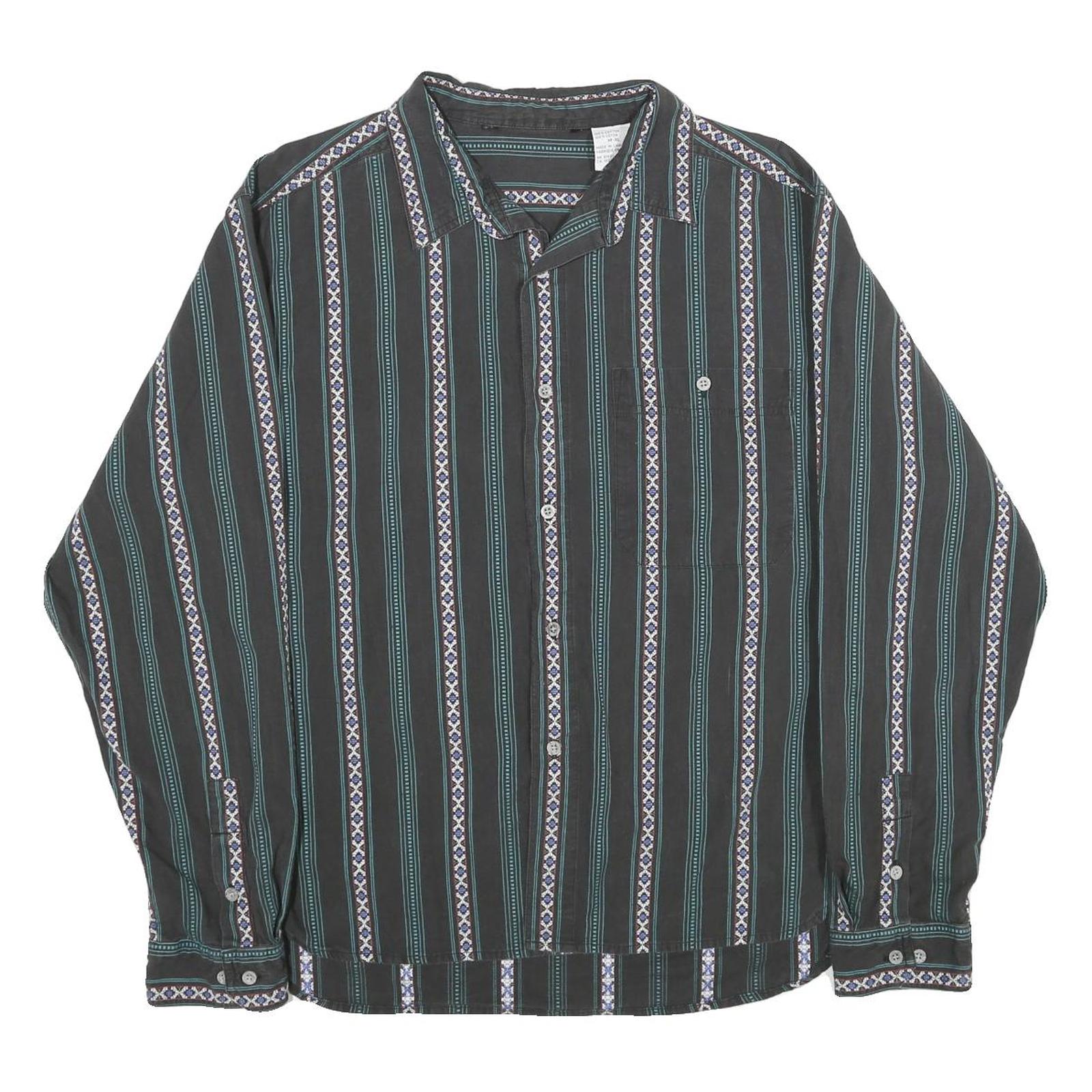 Mens Black Stripe Pattern Cotton Shirt L Casual Long Sleeve Button Front