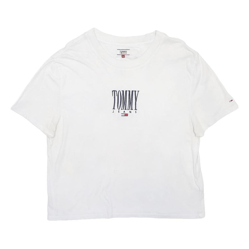TOMMY HILFIGER Womens White Graphic T-Shirt L Short Sleeve Crew Neck Logo Print