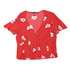 ZARA Womens Red Floral Printed Blouse Short Sleeve V-Neck M Summer Top