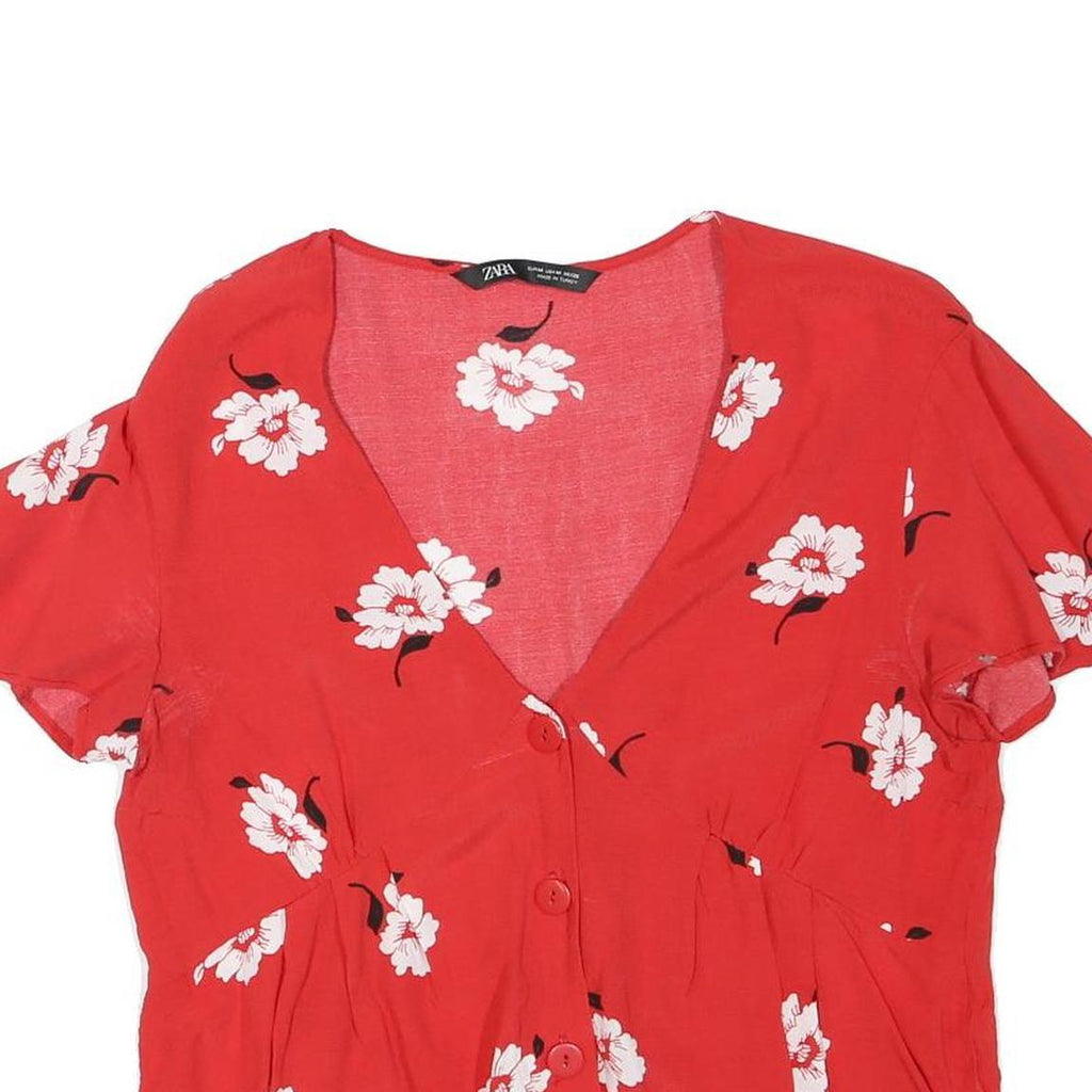 ZARA Womens Red Floral Printed Blouse Short Sleeve V-Neck M Summer Top