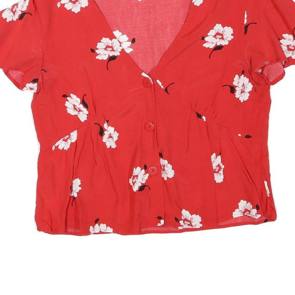ZARA Womens Red Floral Printed Blouse Short Sleeve V-Neck M Summer Top