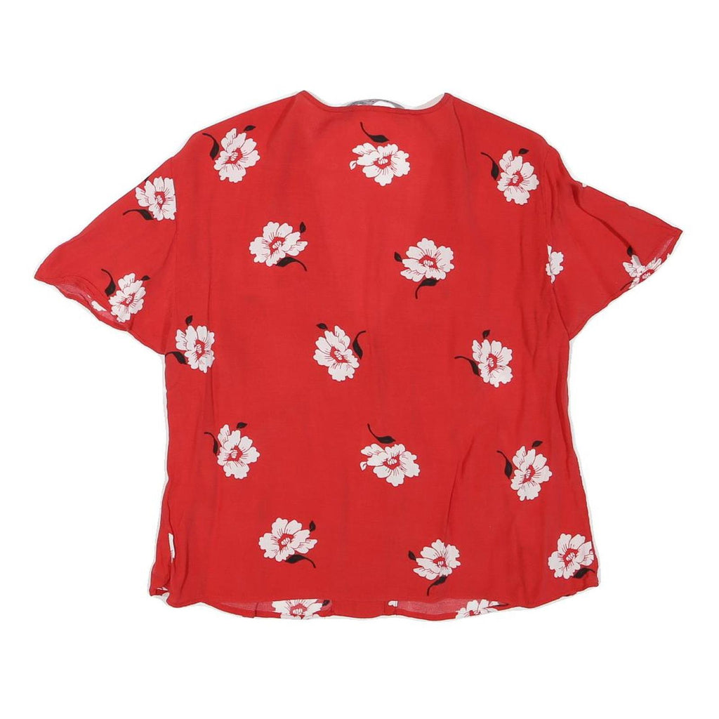 ZARA Womens Red Floral Printed Blouse Short Sleeve V-Neck M Summer Top