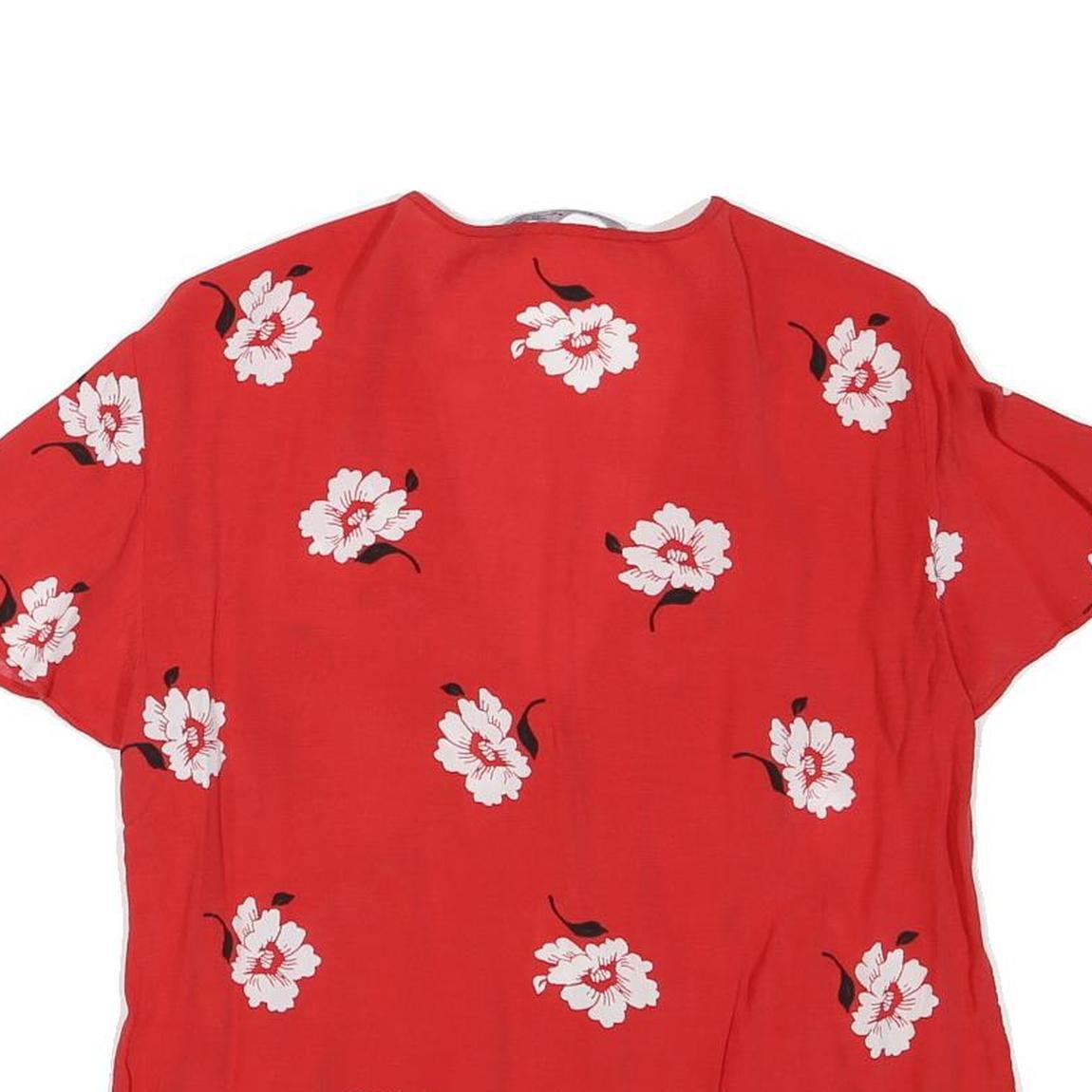 ZARA Womens Red Floral Printed Blouse Short Sleeve V-Neck M Summer Top