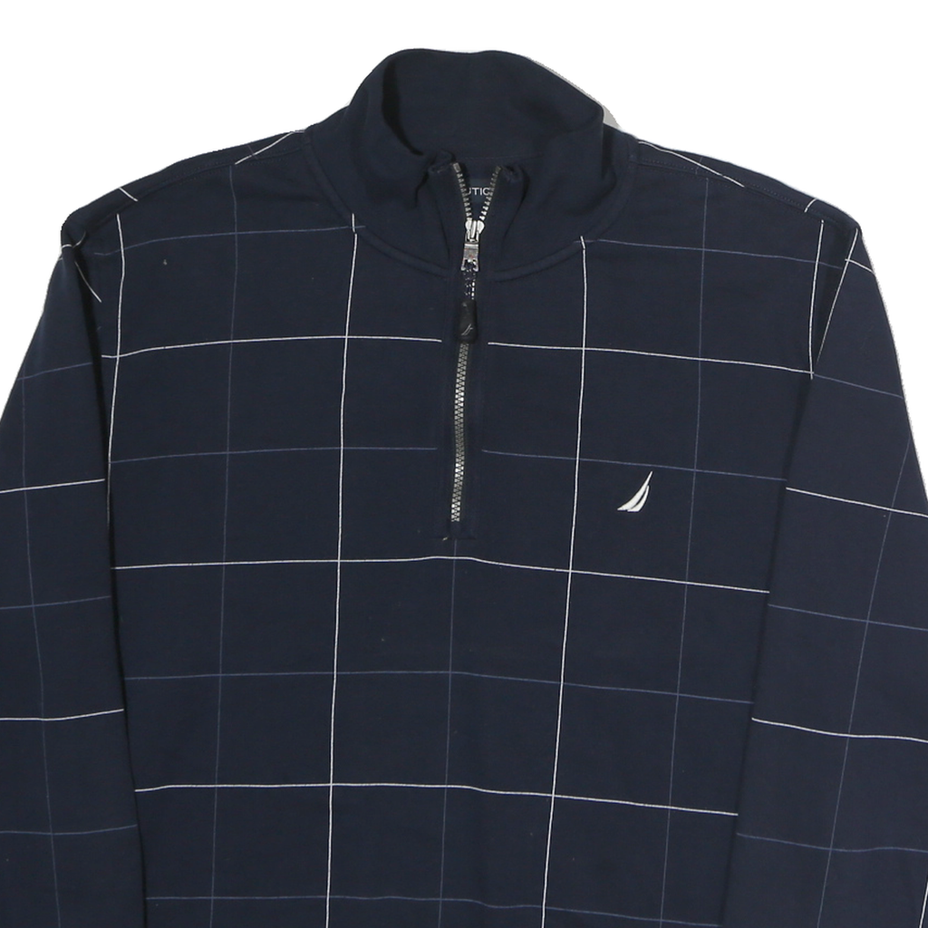 NAUTICA Mens Navy & White Checked Half Zip Sweatshirt L Cotton Pullover