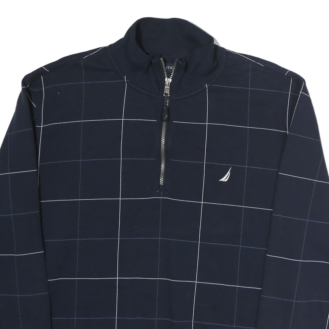 NAUTICA Mens Navy & White Checked Half Zip Sweatshirt L Cotton Pullover