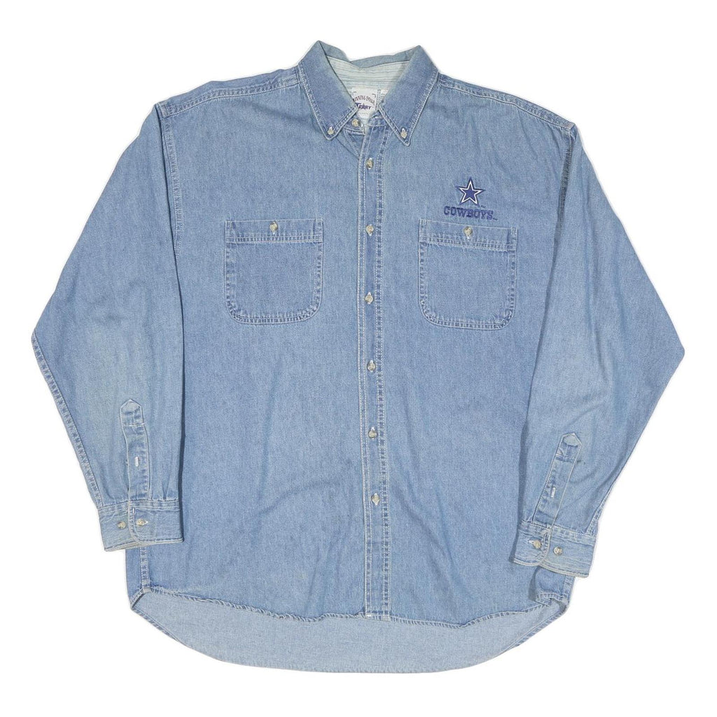 TERRY Mens Blue Denim Logo Cotton Blend Shirt XL Casual Button Up