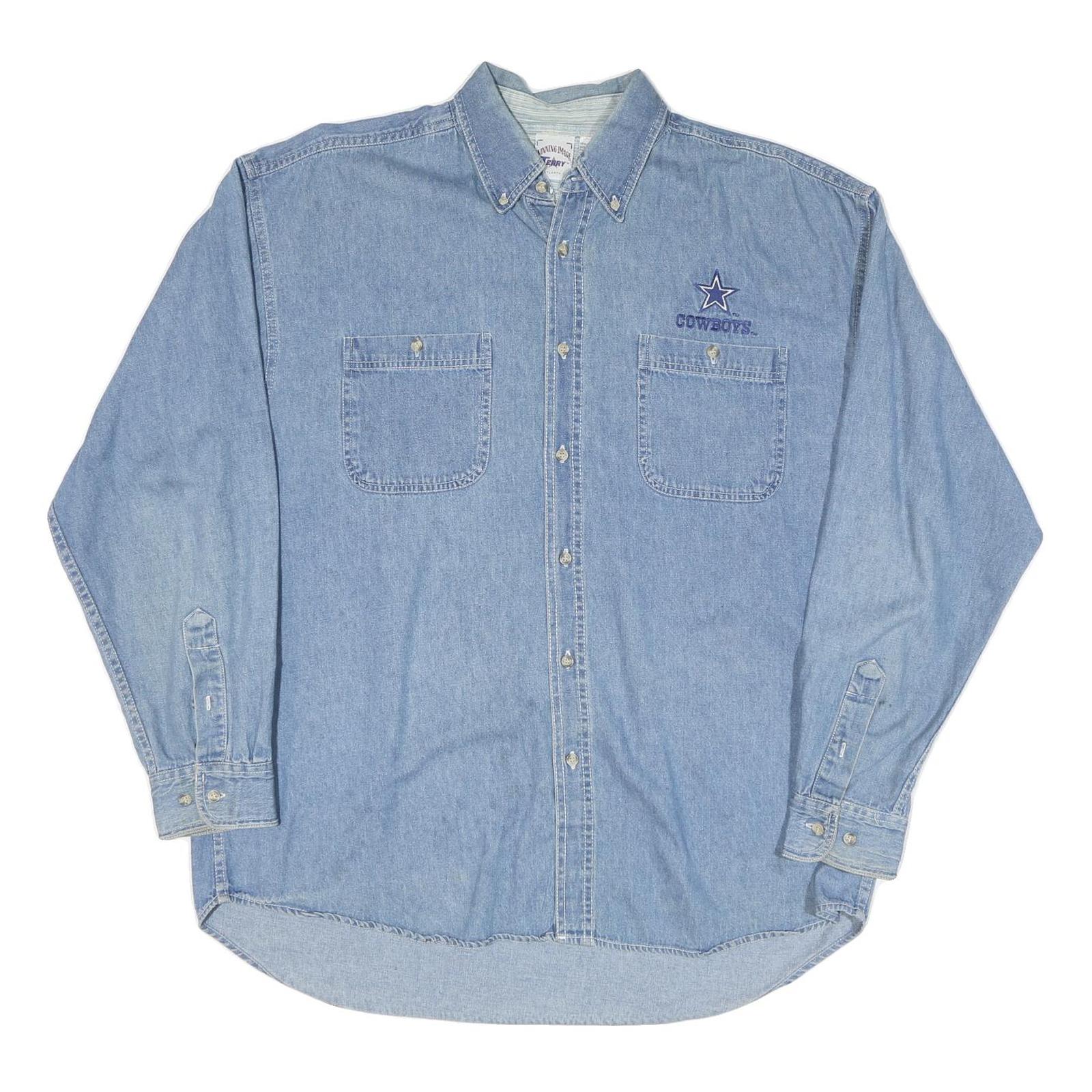 TERRY Mens Blue Denim Logo Cotton Blend Shirt XL Casual Button Up