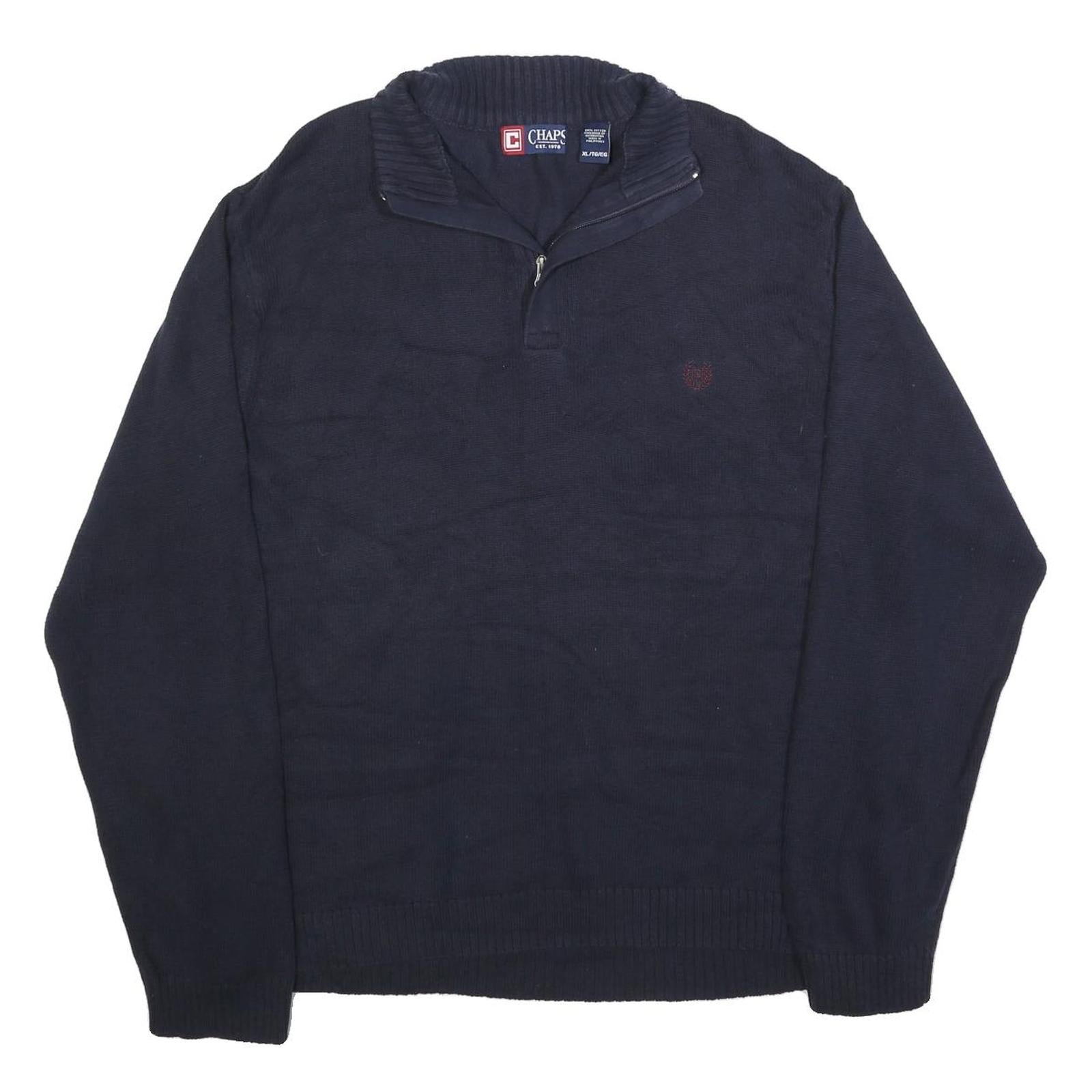 CHAPS Mens Navy Plain Pullover Chunky Knit XL Cotton Jumper Zip Collar