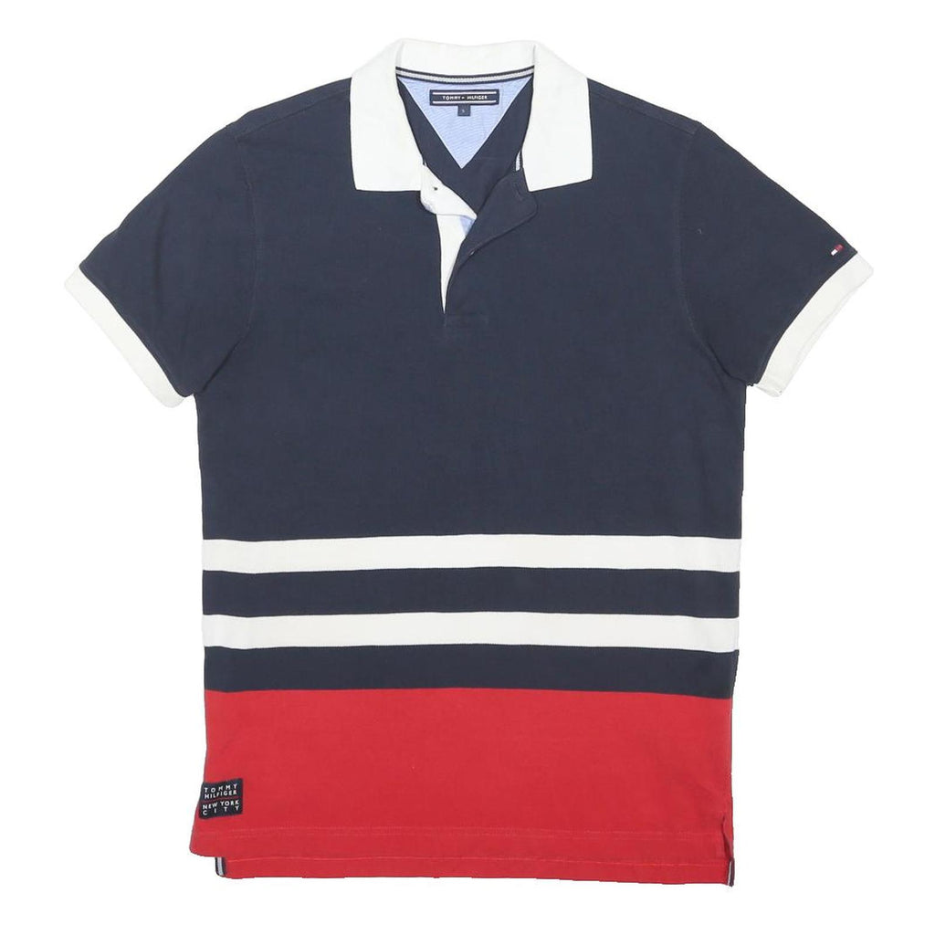 TOMMY HILFIGER Mens Navy White & Red Striped Short Sleeve Polo Shirt S Cotton