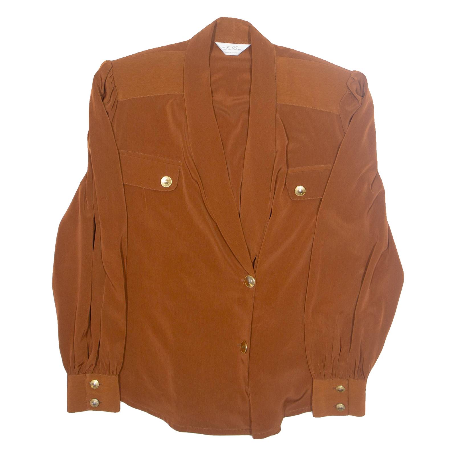 JIN SHIN Womens Blouse Brown V-Neck Long Sleeve L