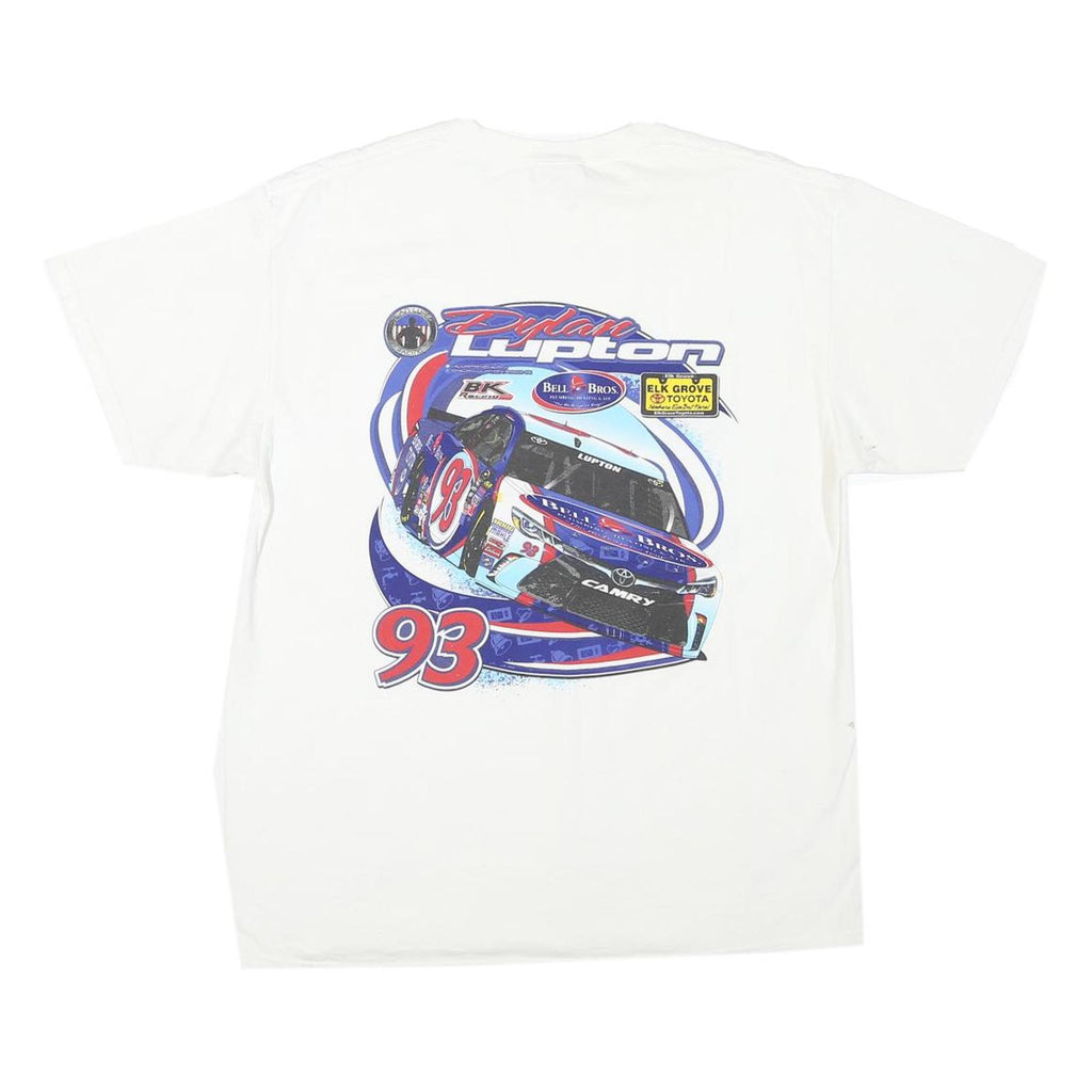 PORT AND COMPANY Mens White Graphic T-Shirt L Short Sleeve Crew Neck Racing Car