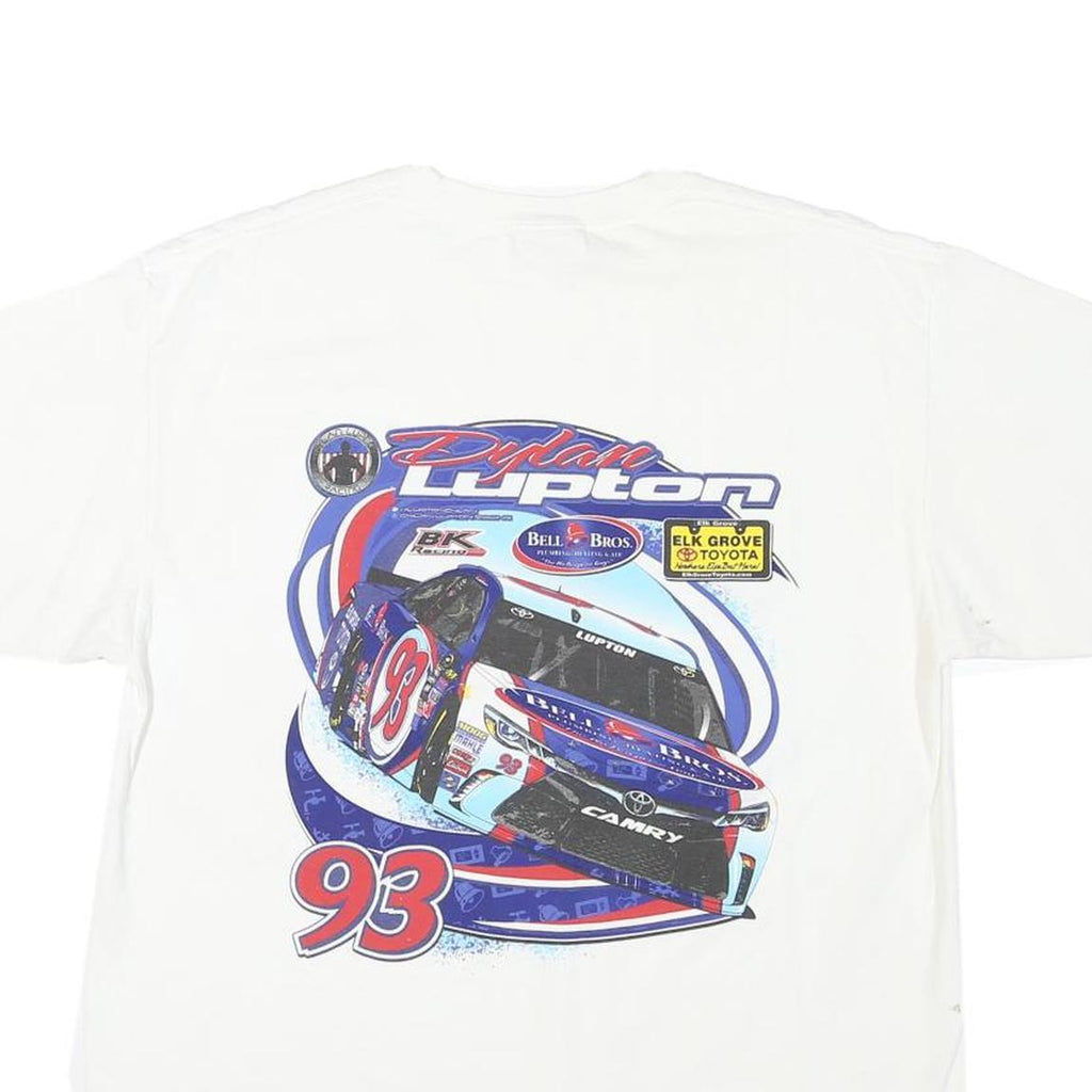 PORT AND COMPANY Mens White Graphic T-Shirt L Short Sleeve Crew Neck Racing Car