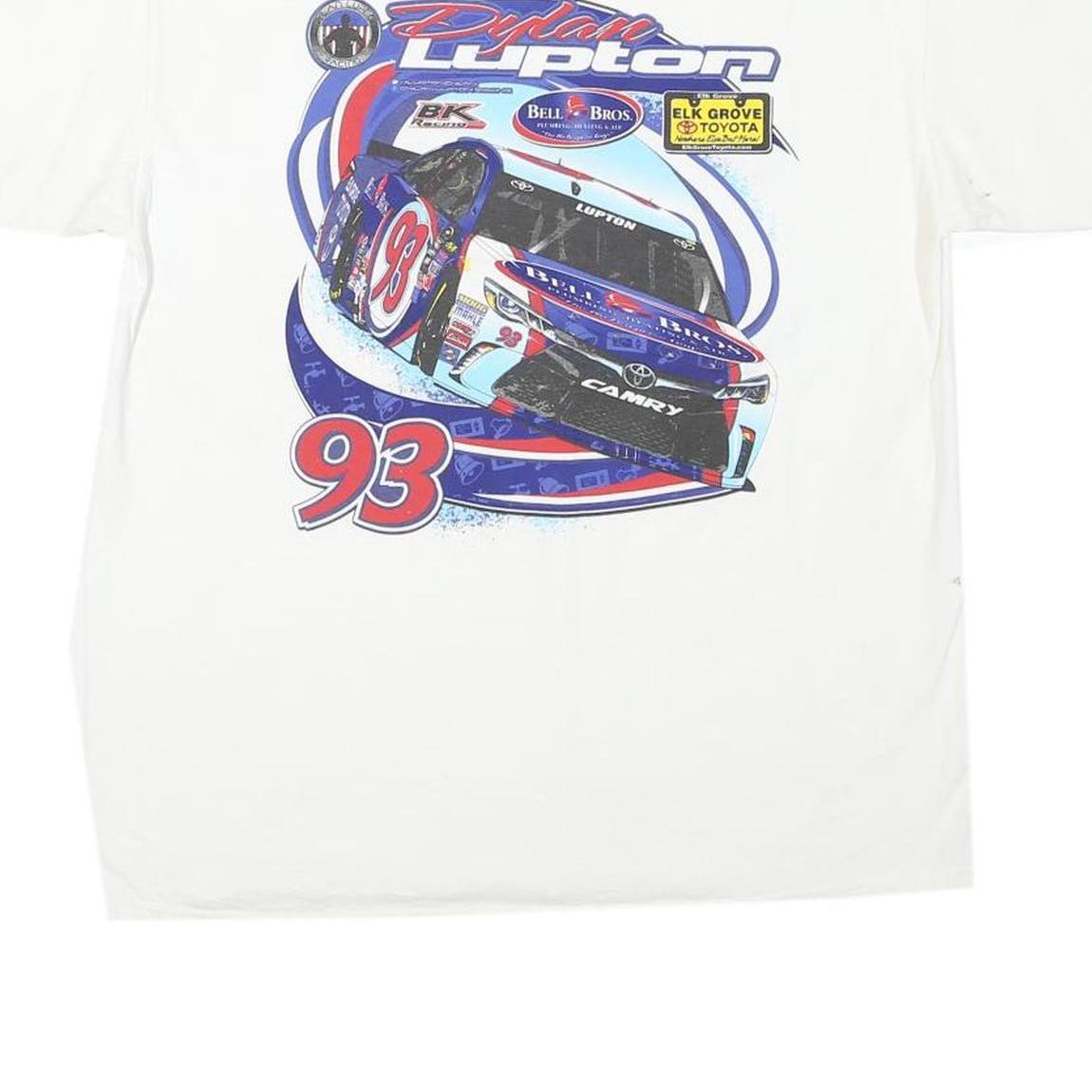 PORT AND COMPANY Mens White Graphic T-Shirt L Short Sleeve Crew Neck Racing Car