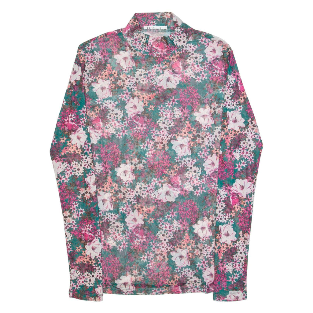 H. LIESEL Mesh Womens Printed Top Green High Neck Long Sleeve Floral S