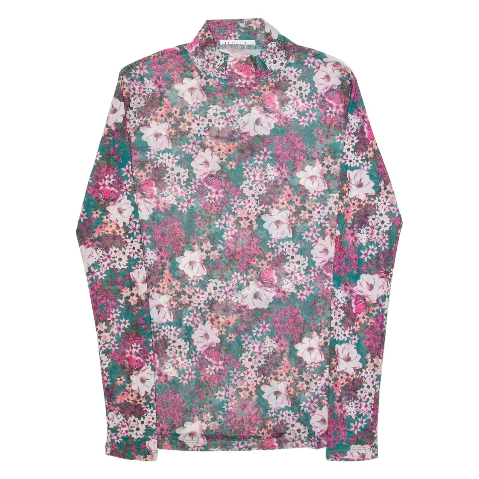 H. LIESEL Mesh Womens Printed Top Green High Neck Long Sleeve Floral S