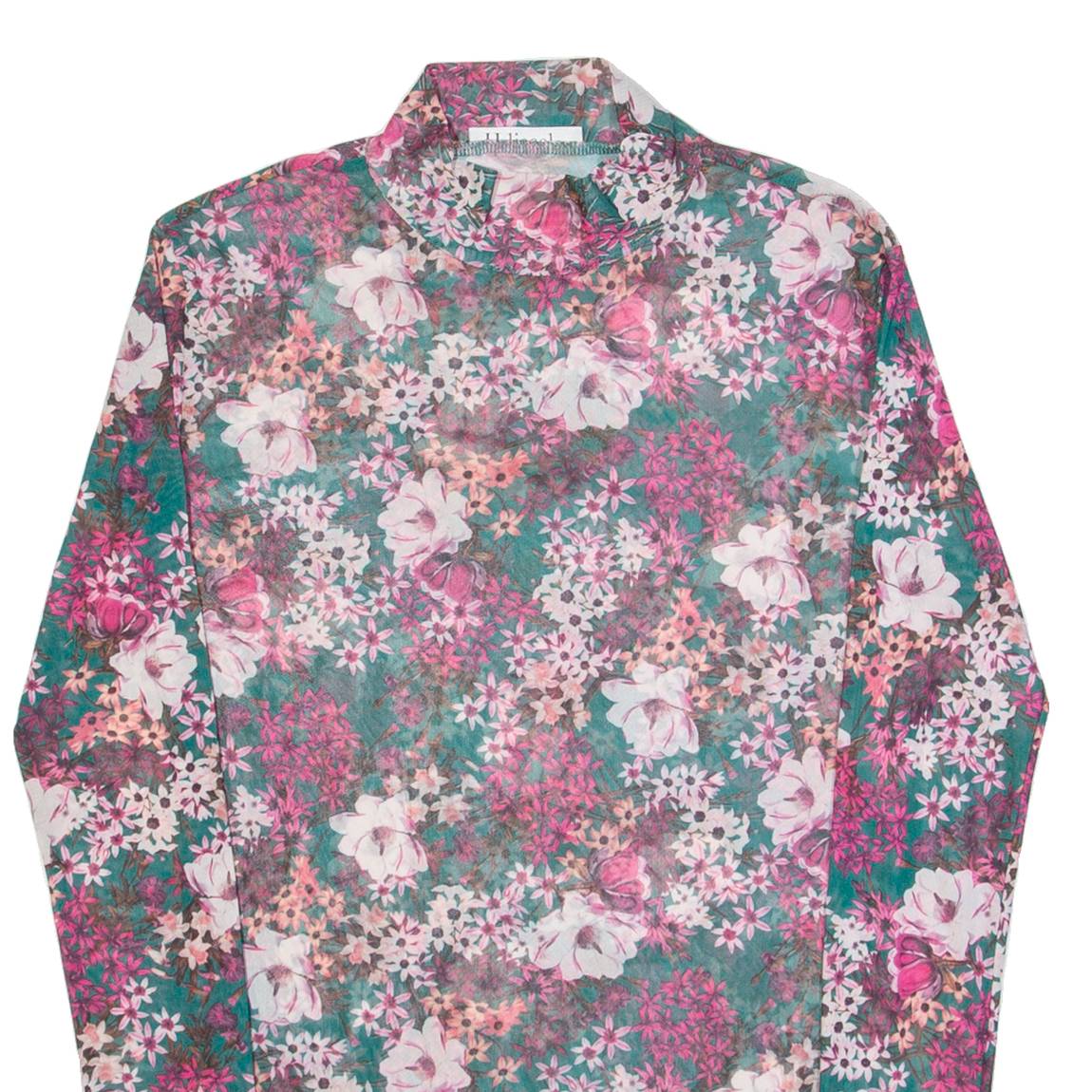 H. LIESEL Mesh Womens Printed Top Green High Neck Long Sleeve Floral S
