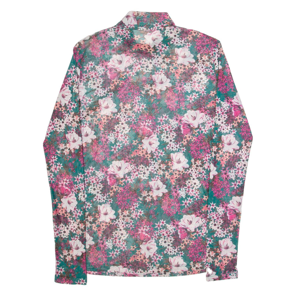 H. LIESEL Mesh Womens Printed Top Green High Neck Long Sleeve Floral S