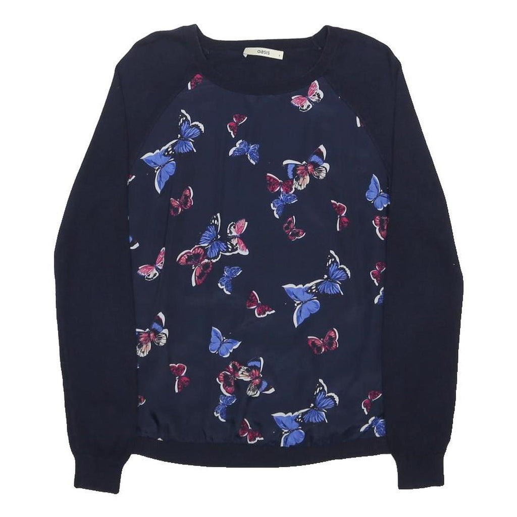 OASIS Womens Navy Blue Butterfly Patterned Plain Crew Neck Basic Knit Jumper S