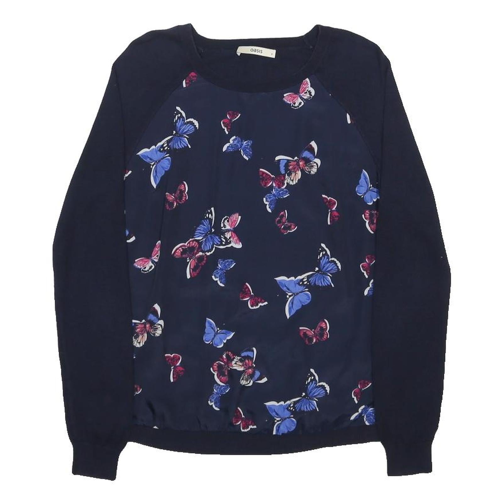OASIS Womens Navy Blue Butterfly Patterned Plain Crew Neck Basic Knit Jumper S