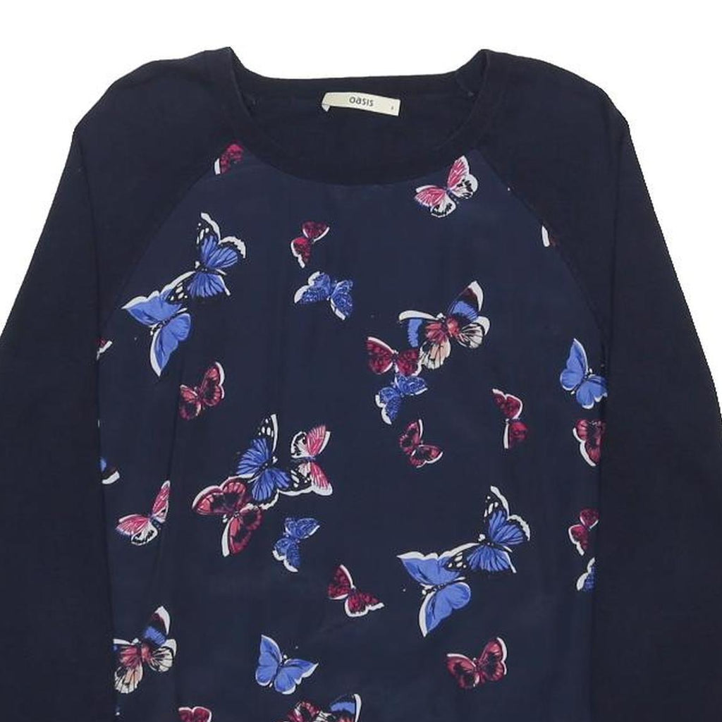 OASIS Womens Navy Blue Butterfly Patterned Plain Crew Neck Basic Knit Jumper S