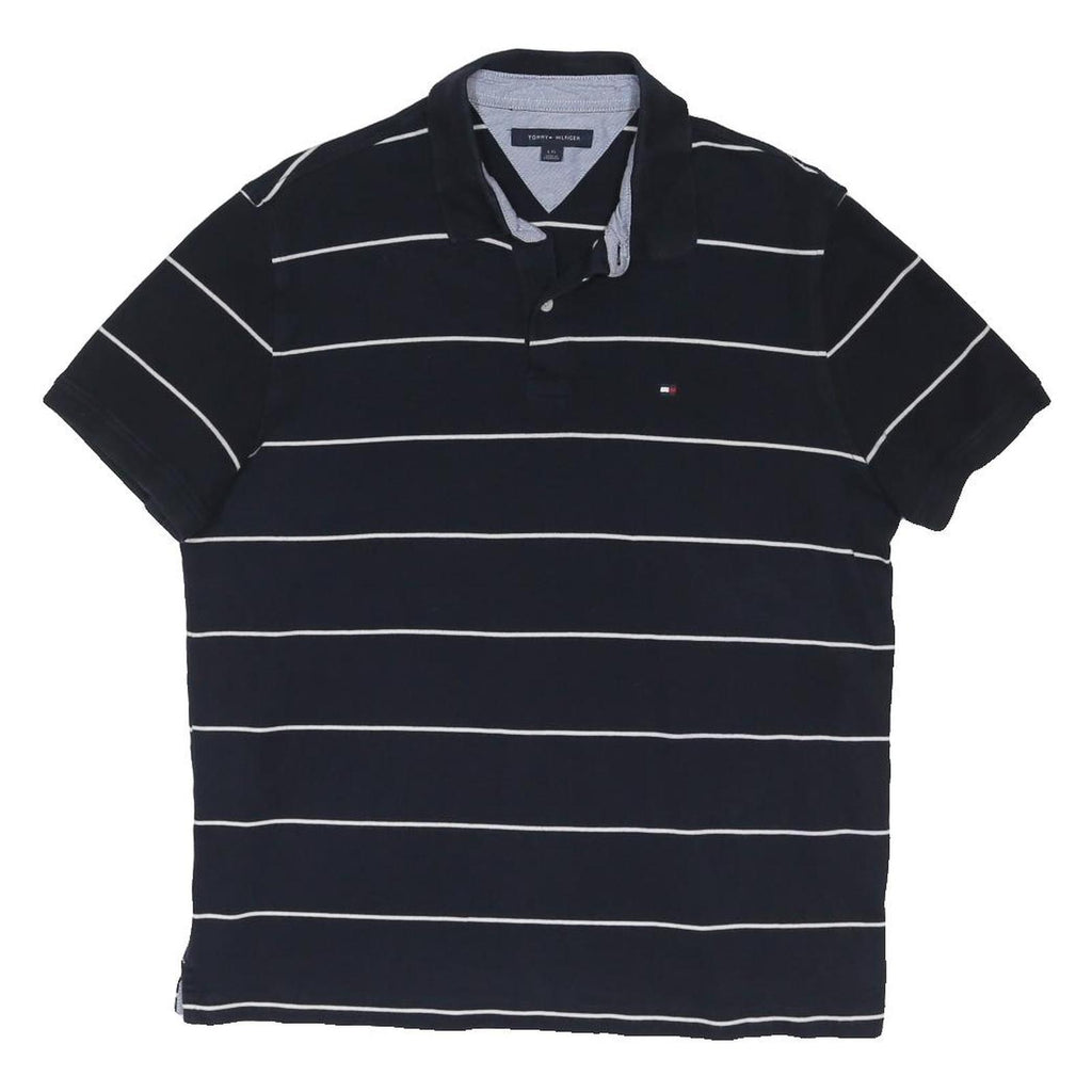 TOMMY HILFIGER Mens Navy Blue & White Striped Short Sleeve Polo Shirt L Cotton