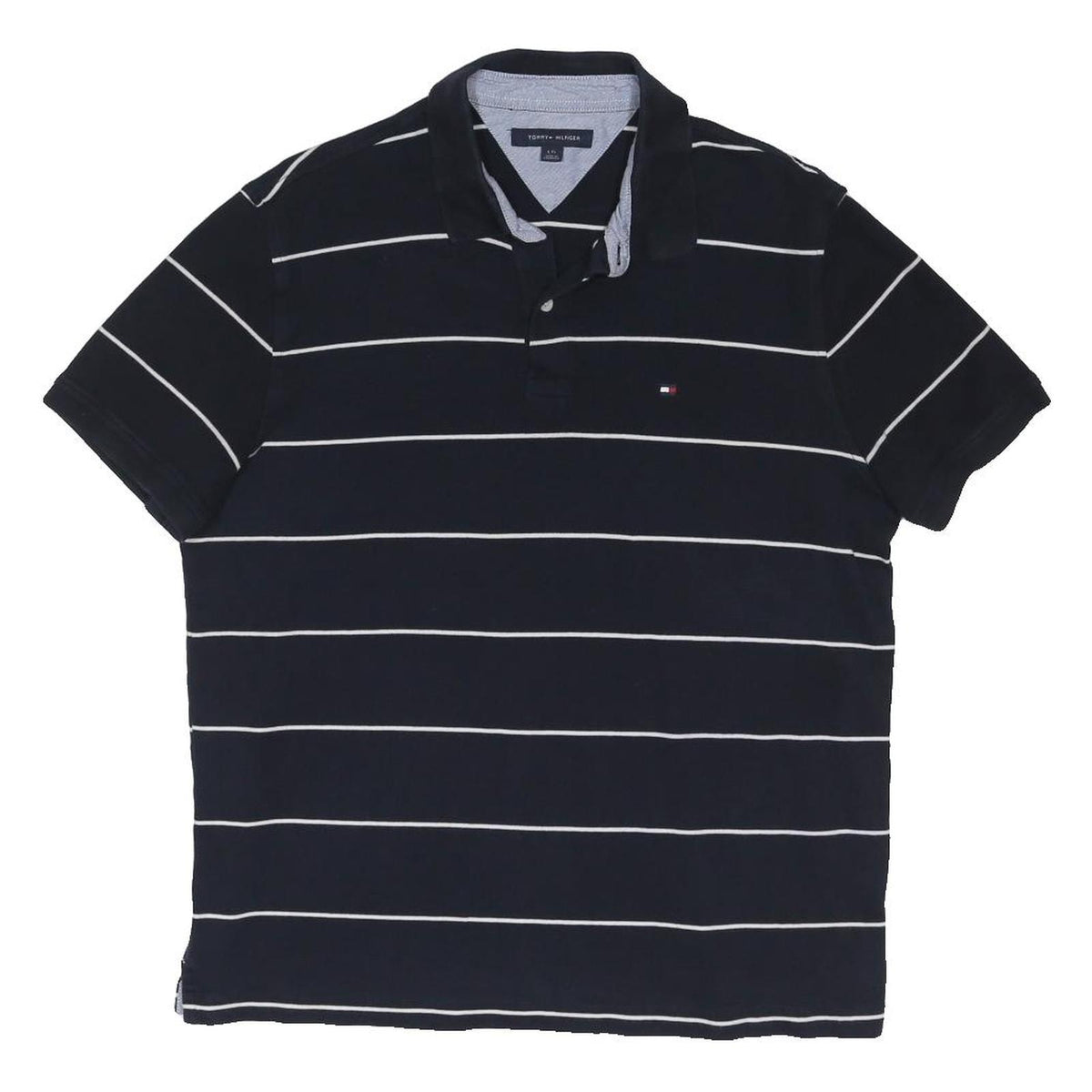 TOMMY HILFIGER Mens Navy Blue & White Striped Short Sleeve Polo Shirt L Cotton