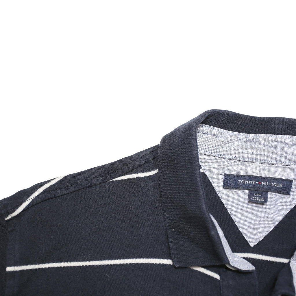 TOMMY HILFIGER Mens Navy Blue & White Striped Short Sleeve Polo Shirt L Cotton