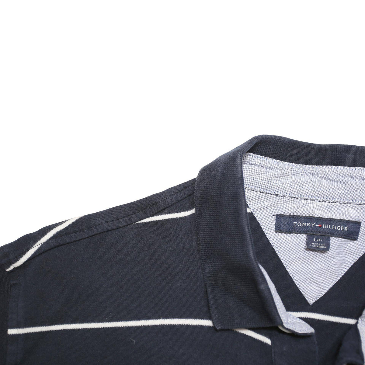 TOMMY HILFIGER Mens Navy Blue & White Striped Short Sleeve Polo Shirt L Cotton