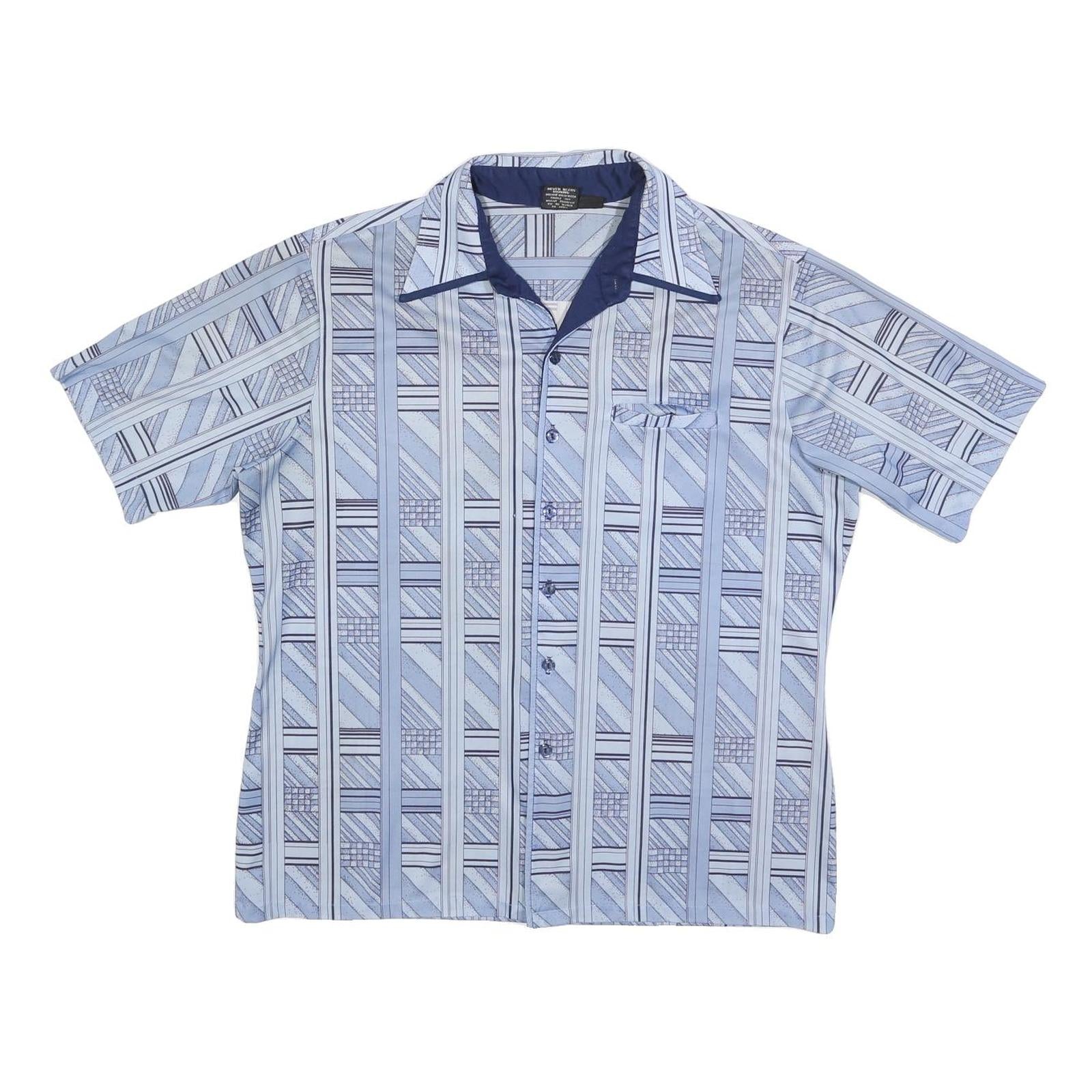 JOEL Mens Blue Patterned Polyester Shirt L Casual Short Sleeve Button Collar