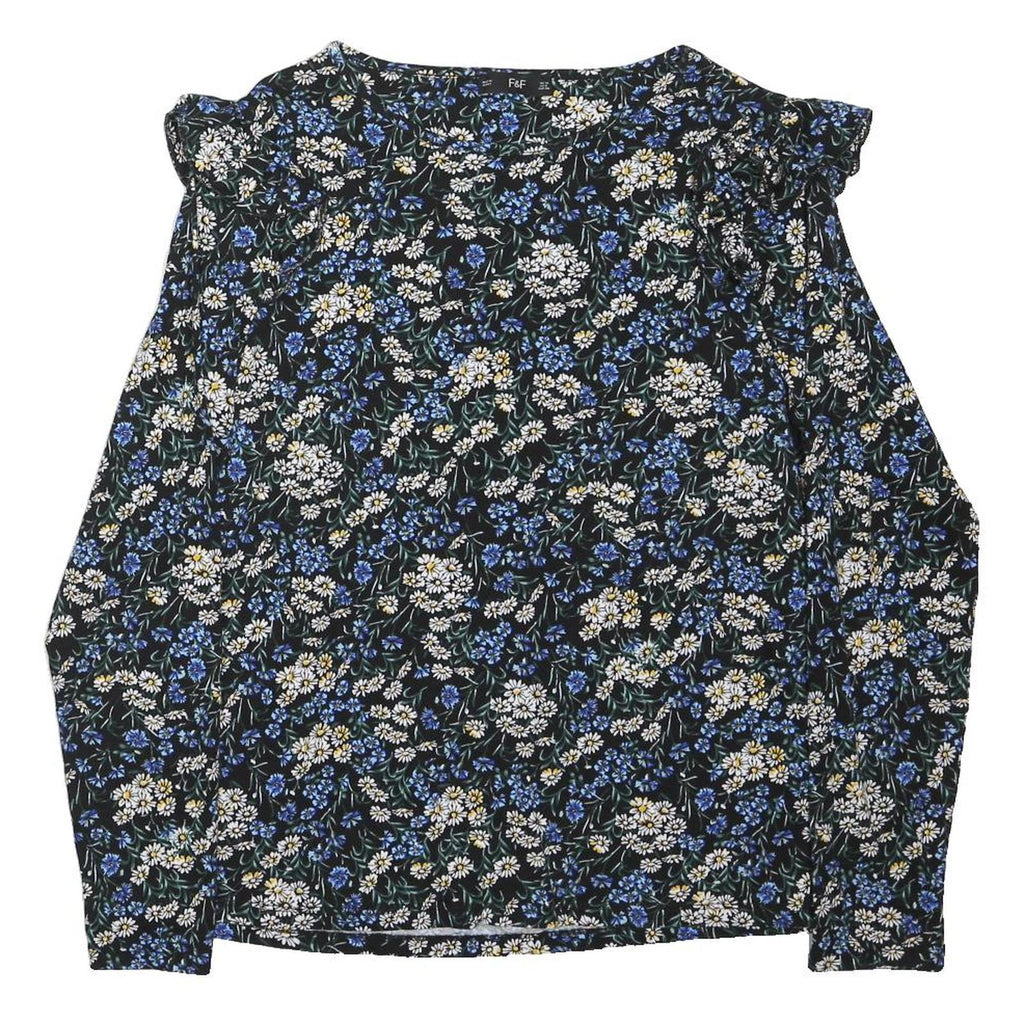 F&F Womens Black Blue Floral Print Top Long Sleeve Round Neck UK 12 Cotton Blend