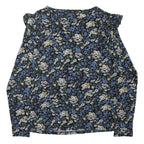 F&F Womens Black Blue Floral Print Top Long Sleeve Round Neck UK 12 Cotton Blend